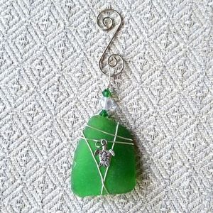 Sea glass turtle wire wrapped ornament or pendant